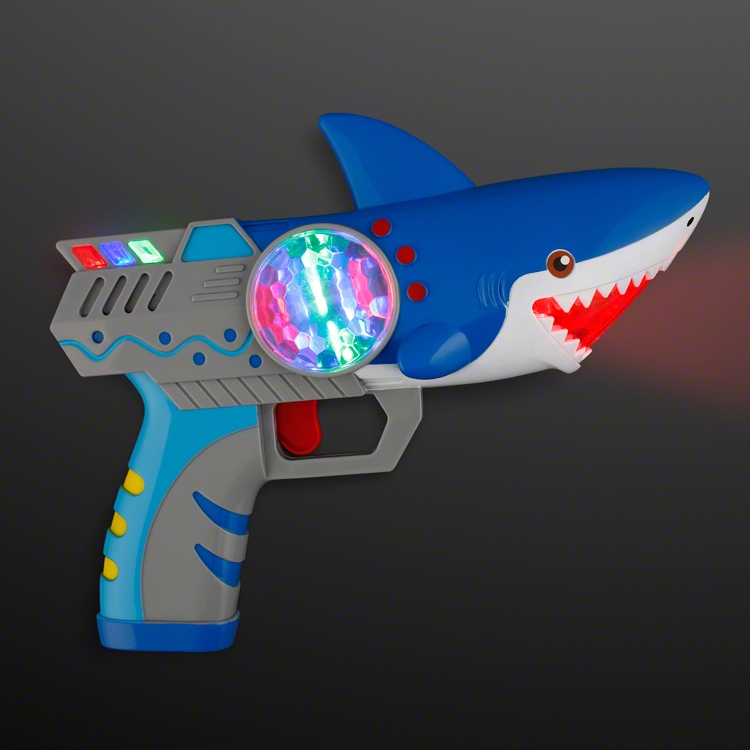 Shark Gun Spinning Light Toy (Pack of 12) shark gun light toy, spinning LED shark toy, light up shark gun, flashing shark toy, kids light up toys, projection light toy, AA battery light toy, Party Express shark gun
