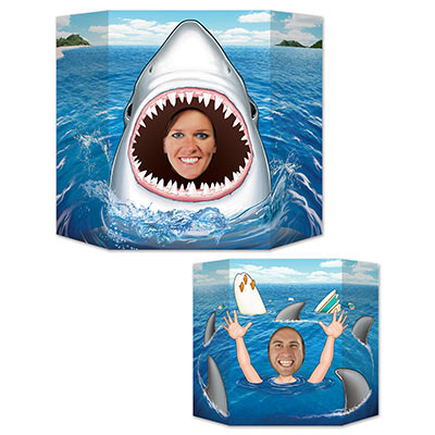 Shark Photo Prop printed with a shark on one side and a person surrounded by sharks on the other including a face cutout.