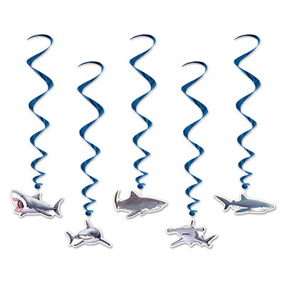 Blue metallic whirls with a shark of six different kinds icon attached to some of the whirls.