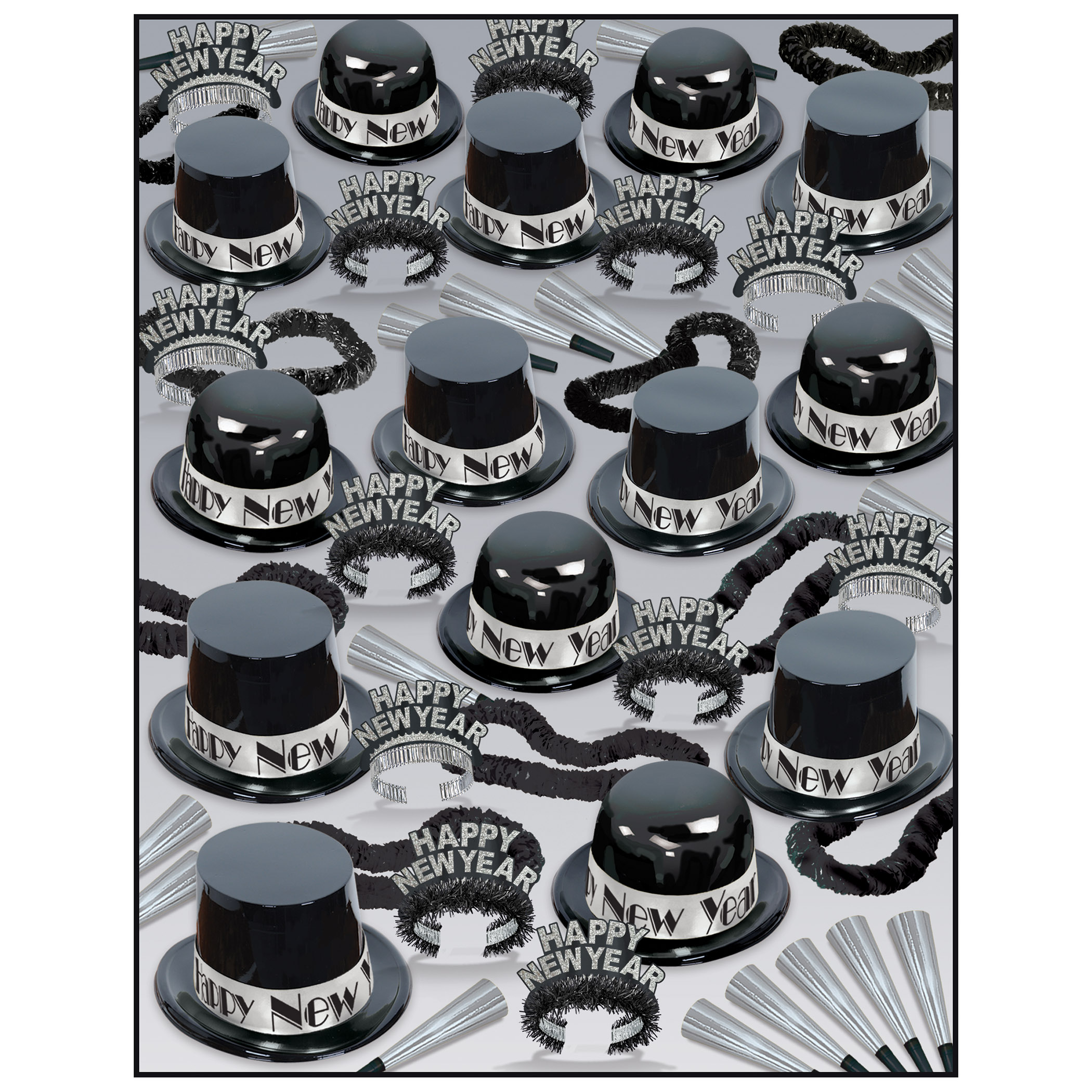 black and silver top hats, tiaras, noisemakers, and wearables all in one party kit