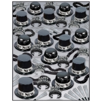 black and silver top hats, tiaras, noisemakers, and wearables all in one party kit