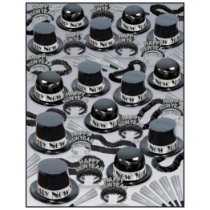 black and silver top hats, tiaras, noisemakers, and wearables all in one party kit