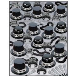 black and silver top hats, tiaras, noisemakers, and wearables all in one party kit