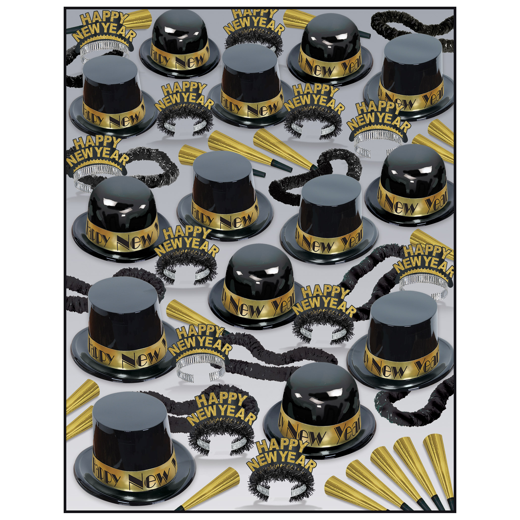 black and gold nye party kit that show a lot of plastic party hats, tiaras, horns, leis, and beads