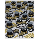 black and gold nye party kit that show a lot of plastic party hats, tiaras, horns, leis, and beads