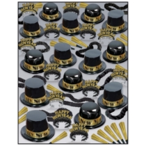 black and gold nye party kit that show a lot of plastic party hats, tiaras, horns, leis, and beads