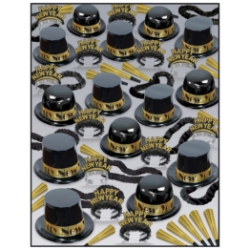 black and gold nye party kit that show a lot of plastic party hats, tiaras, horns, leis, and beads