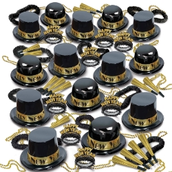 black and gold nye party kit that show a lot of plastic party hats, tiaras, horns, leis, and beads