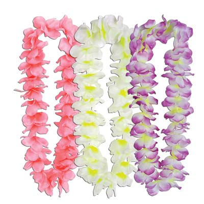 Silk N Petals Island Oasis Leis are pink, white and purple in color.