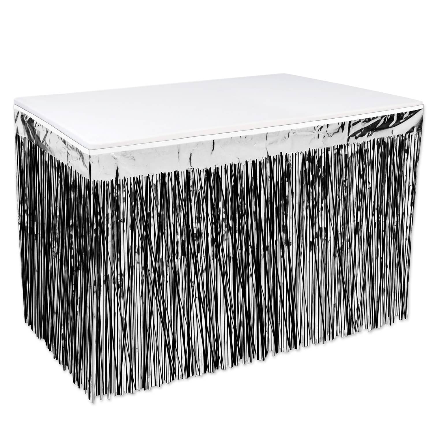 Silver/Black 2-Ply Metallic Table Skirting (Pack of 6) silver black table skirting, metallic table skirt, 30 x 14 table skirting, black and silver party décor, 1 ply metallic skirt, event table decorations, Party Express table skirting