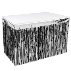 Silver/Black 2-Ply Metallic Table Skirting (Pack of 6) silver black table skirting, metallic table skirt, 30 x 14 table skirting, black and silver party décor, 1 ply metallic skirt, event table decorations, Party Express table skirting