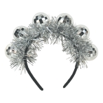 Silver Deluxe Disco Ball Headband (Pack of 12) silver disco ball headband, deluxe disco headband, silver party accessories, disco ball costume headband, tinsel fringe headband, retro party supplies, disco theme accessories