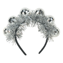 Silver Deluxe Disco Ball Headband (Pack of 12) silver disco ball headband, deluxe disco headband, silver party accessories, disco ball costume headband, tinsel fringe headband, retro party supplies, disco theme accessories