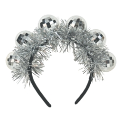 Silver Deluxe Disco Ball Headband (Pack of 12) silver disco ball headband, deluxe disco headband, silver party accessories, disco ball costume headband, tinsel fringe headband, retro party supplies, disco theme accessories