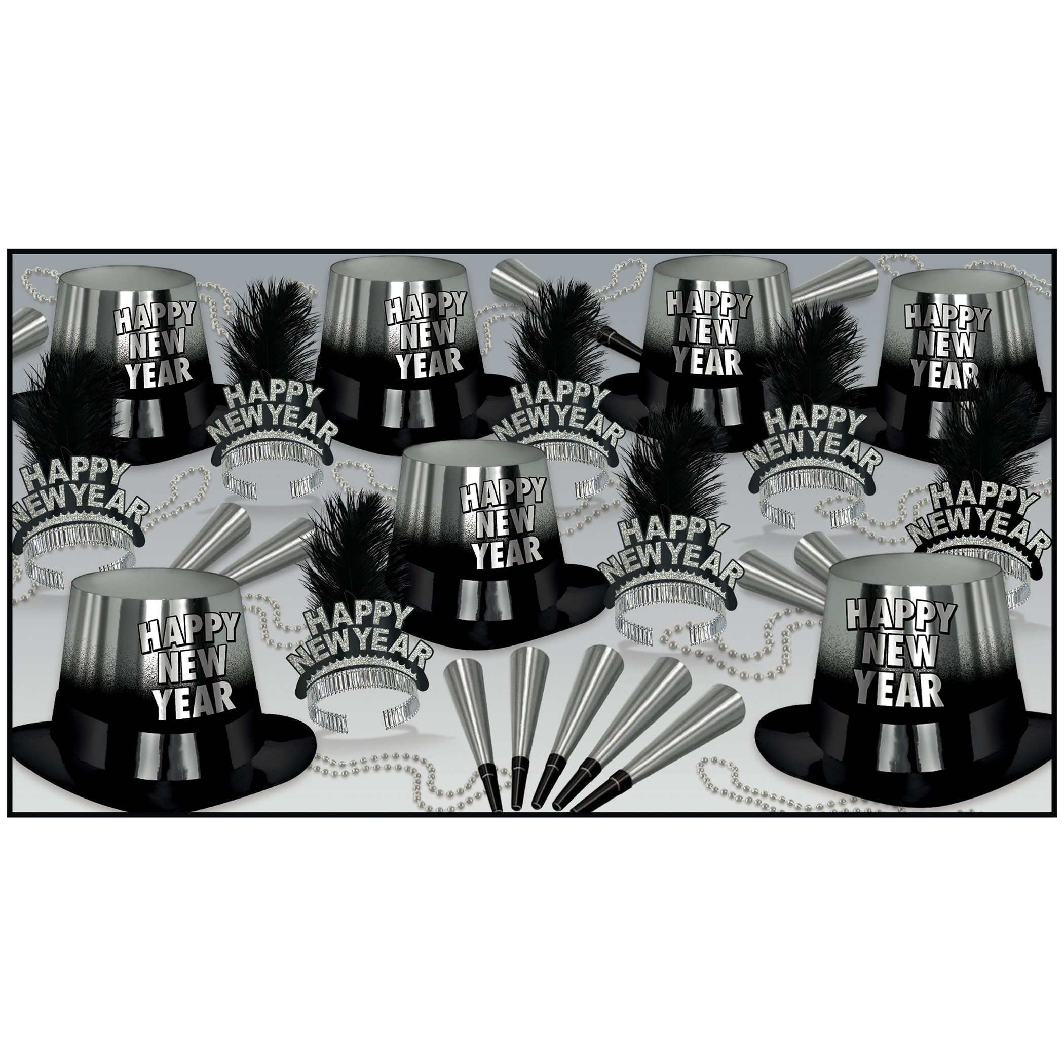 black and silver NYE party kit with happy new year hats, tiaras, silver beads, and horns