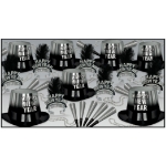 black and silver NYE party kit with happy new year hats, tiaras, silver beads, and horns
