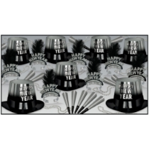 black and silver NYE party kit with happy new year hats, tiaras, silver beads, and horns
