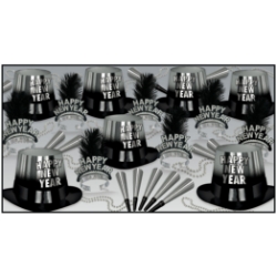 black and silver NYE party kit with happy new year hats, tiaras, silver beads, and horns