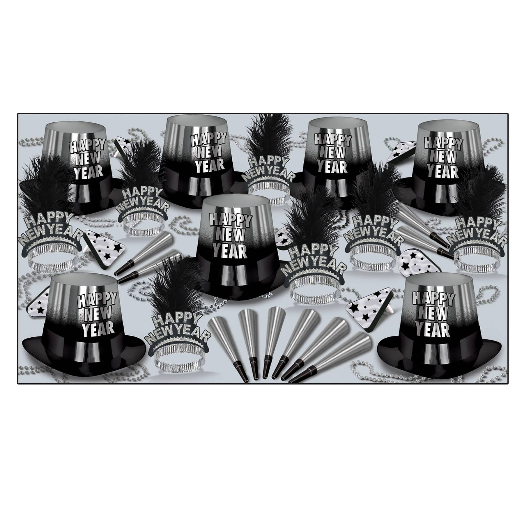black and silver NYE party kit with happy new year hats, tiaras, silver beads, and horns