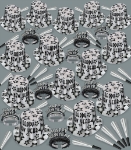silver & black NYE assortment with stars on the party hats, glittered tiaras, and horns