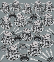 silver & black NYE assortment with stars on the party hats, glittered tiaras, and horns