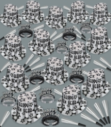 silver & black NYE assortment with stars on the party hats, glittered tiaras, and horns