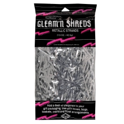 Silver Gleam N Shreds Metallic Strands (Pack of 12) silver metallic shreds, silver basket filler, gleam n shreds silver, metallic strands décor, gift basket filler silver, party décor shreds, silver centerpiece accents, Party Express metallic shreds