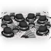 Silver Glow New Years Eve Party Kit for 50 Silver Glow New Years Eve Party Kit, New Year's Eve, party kit, party favors, hat, tiara, fun signs, horns, glow glasses, glow bracelets, glow necklaces wholesale, inexpensive, bulk