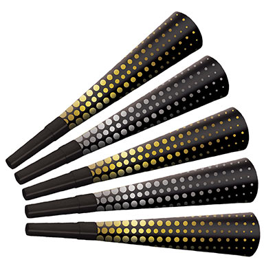 noisemaker horns with gold and silver polka dots