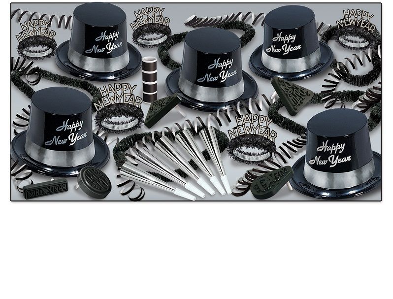 Silver Legacy Asst for 10 Silver Legacy Assortment, silver and black, party favors, new years eve, hat, tiara, horn, beads, noisemakers, leis, wholesale, inexpensive, bulk