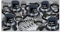 Silver Legacy Asst for 10 Silver Legacy Assortment, silver and black, party favors, new year's eve, hat, tiara, horn, beads, noisemakers, leis, wholesale, inexpensive, bulk