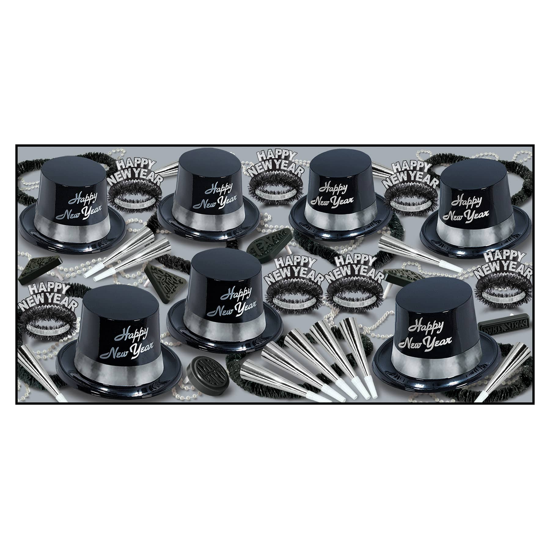 party kit with NYE hats that have happy new year written in silver with beads, noisemakers, and wearables