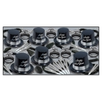 party kit with NYE hats that have happy new year written in silver with beads, noisemakers, and wearables