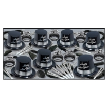 party kit with NYE hats that have happy new year written in silver with beads, noisemakers, and wearables