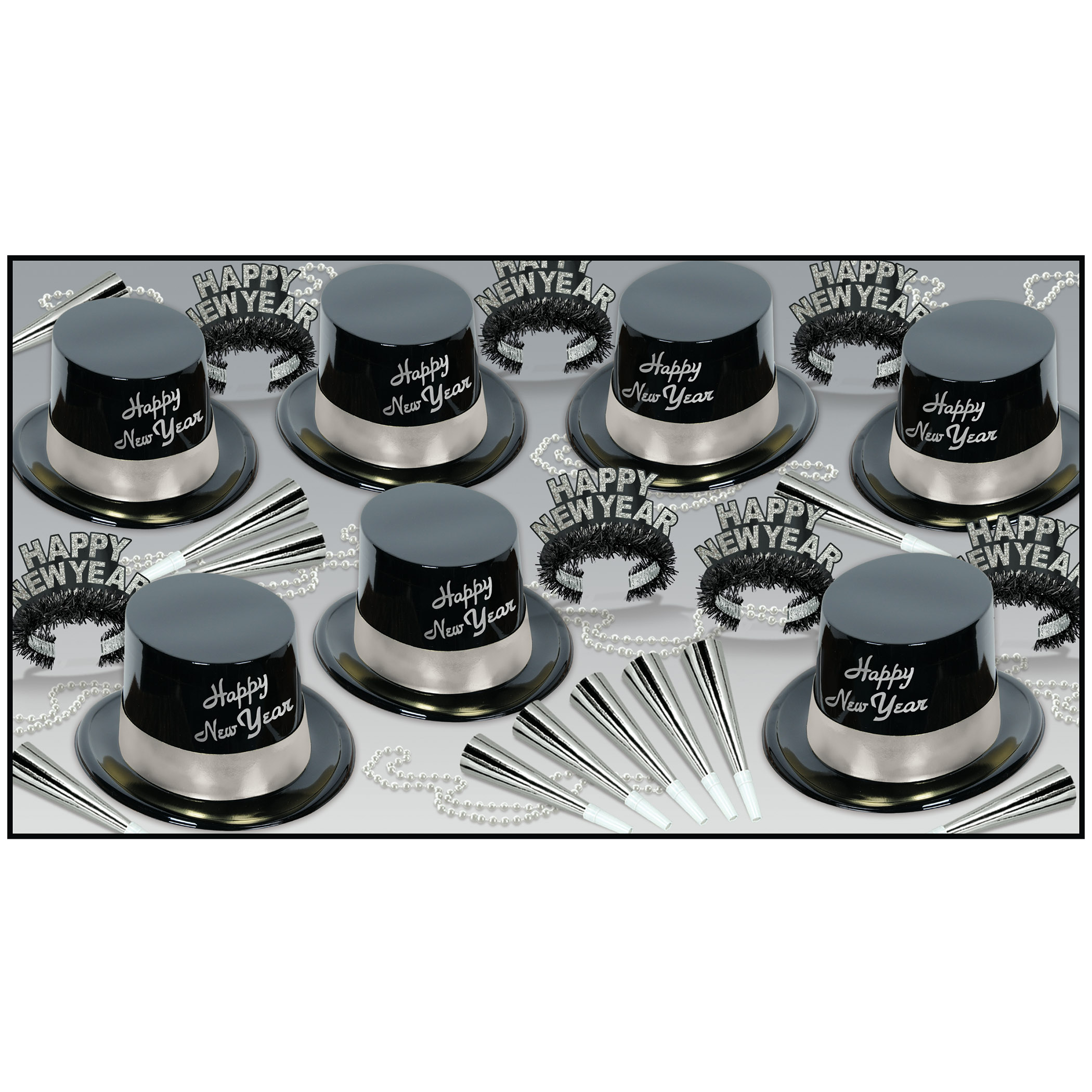 party kit with NYE hats that have happy new year written in silver with beads, noisemakers, and wearables