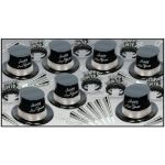 party kit with NYE hats that have happy new year written in silver with beads, noisemakers, and wearables