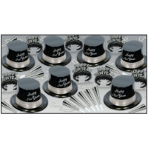 party kit with NYE hats that have happy new year written in silver with beads, noisemakers, and wearables