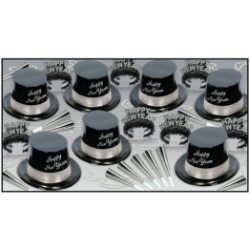 party kit with NYE hats that have happy new year written in silver with beads, noisemakers, and wearables
