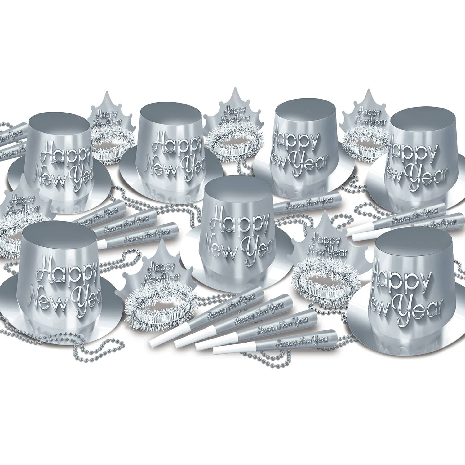 Silver New Year Assortment for 50   Silver New Year Assortment for 50 , 2022, silver, new years eve, party kit, hat, tiara, horn, bead, wholesale, inexpensive, bulk, party favor