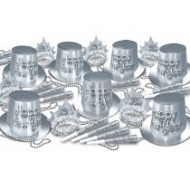 Silver New Year Assortment for 50   Silver New Year Assortment for 50 , 2022, silver, new year's eve, party kit, hat, tiara, horn, bead, wholesale, inexpensive, bulk, party favor
