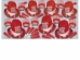 Red new year's eve party kit with party hats, glittered tiaras, and red party horns