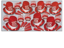Simply Red - New Year's Party Kit for 50 red, silver, hats, tiara, horns, party, favor, new year's eve, assortment, wholesale, inexpensive, bulk