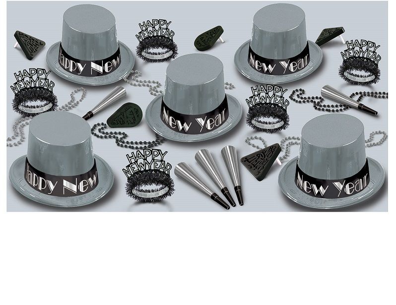 Simply Silver Asst for 10 Simply Silver Assortment, new years eve, black and silver, hat, tiara, horn, beads, party favor, wholesale, inexpensive, bulk