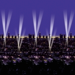 City skyline printed on a thin plastic photo backdrop. 