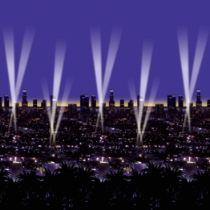 City skyline printed on a thin plastic photo backdrop. 