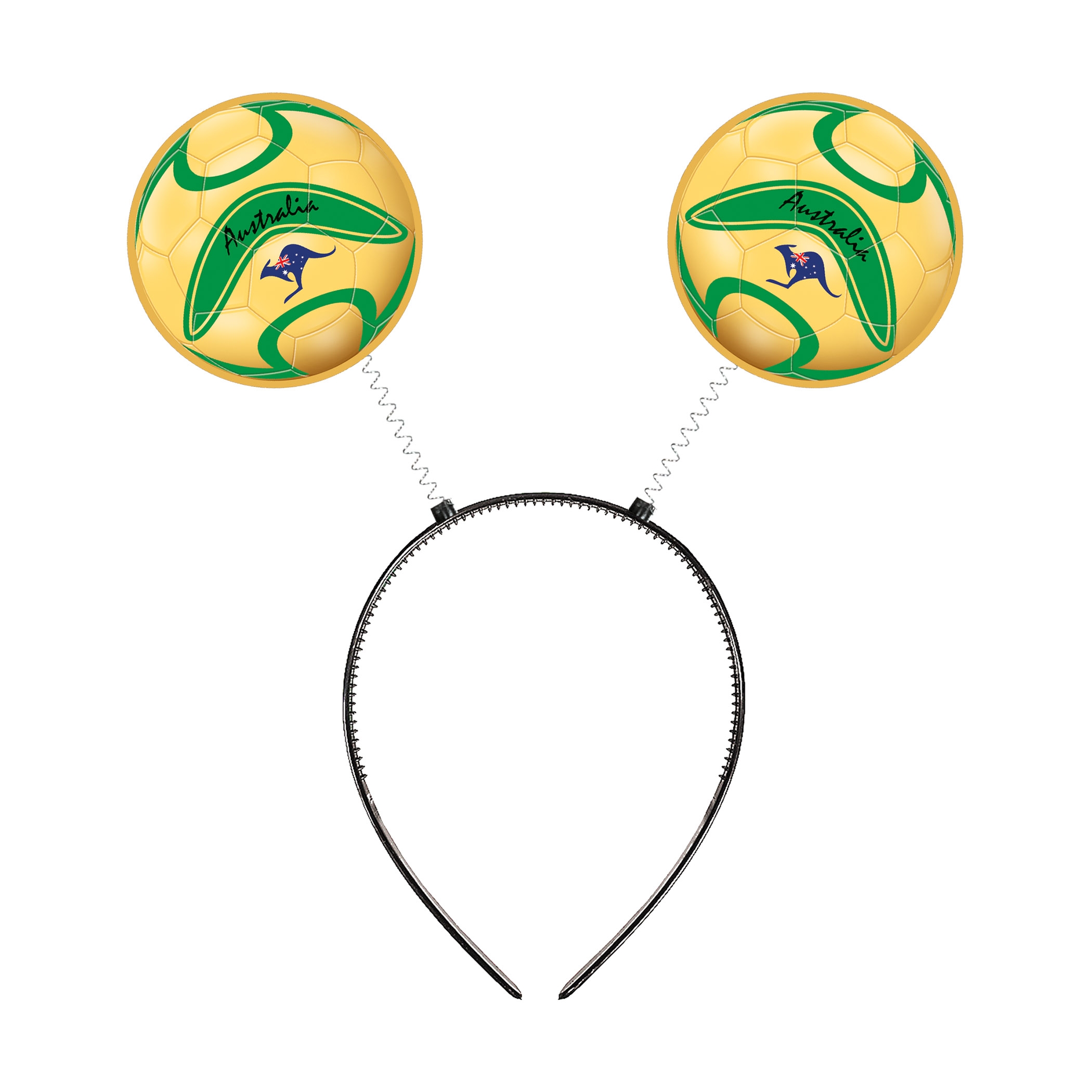 Soccer Ball Boppers - Australia (Pack of 12) boppers Australia, soccer ball boppers, Australia party favors, Australian themed accessories, sports party supplies, PVC board soccer boppers, snap-on headband boppers, soccer party decorations, Party Express Australia boppers, Australia Day accessories