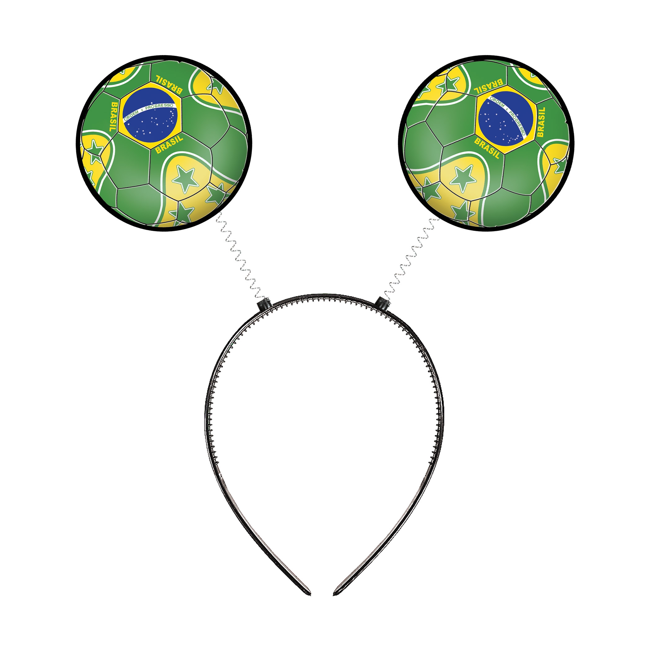 Soccer Ball Boppers - Brasil (Pack of 12) boppers Brasil, Brazil party favors, green soccer ball boppers, yellow detail soccer boppers, PVC board soccer balls, spring head boppers, snap-on headband boppers, Brazil themed accessories, soccer party supplies, star themed party items, Party Express Brasil boppers