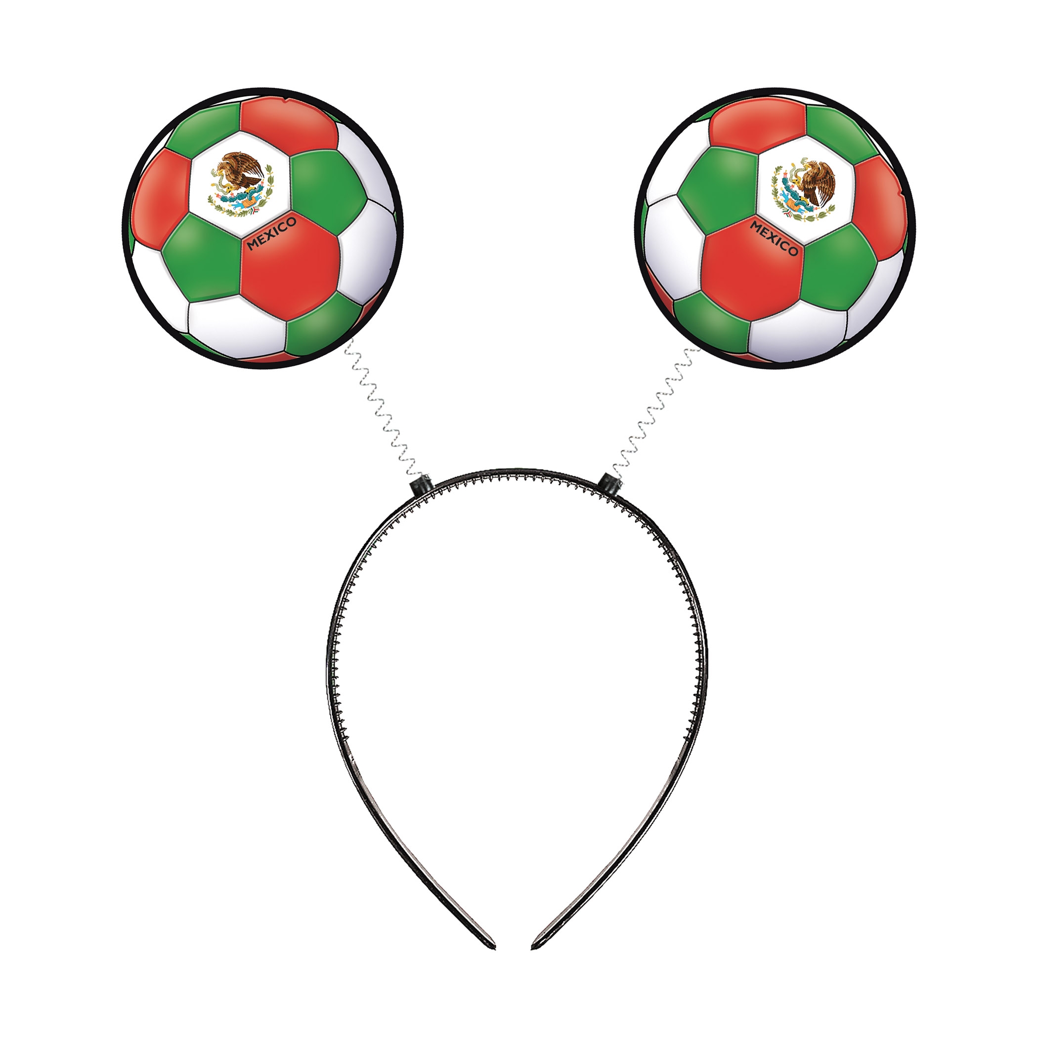 Soccer Ball Boppers - Mexico (Pack of 12) boppers Mexico, Mexico party favors, Mexican flag boppers, green white red soccer ball headbands, Mexican coat of arms accessories, eagle on cactus design, Printed PVC Board boppers, spring head boppers, Mexico themed decorations, soccer party supplies, Party Express Mexico boppers