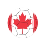 Soccer Ball Peel 'N Place - Canada (Pack of 12) Canada soccer decorations, Canadian peel and place decals, maple leaf soccer décor, white and red soccer decals, thin plastic wall decals, 5¼ inch soccer stickers, Party Express Canada decorations, international soccer party supplies