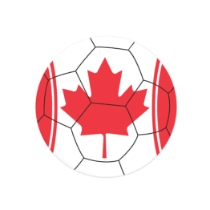 Soccer Ball Peel 'N Place - Canada (Pack of 12) Canada soccer decorations, Canadian peel and place decals, maple leaf soccer décor, white and red soccer decals, thin plastic wall decals, 5¼ inch soccer stickers, Party Express Canada decorations, international soccer party supplies